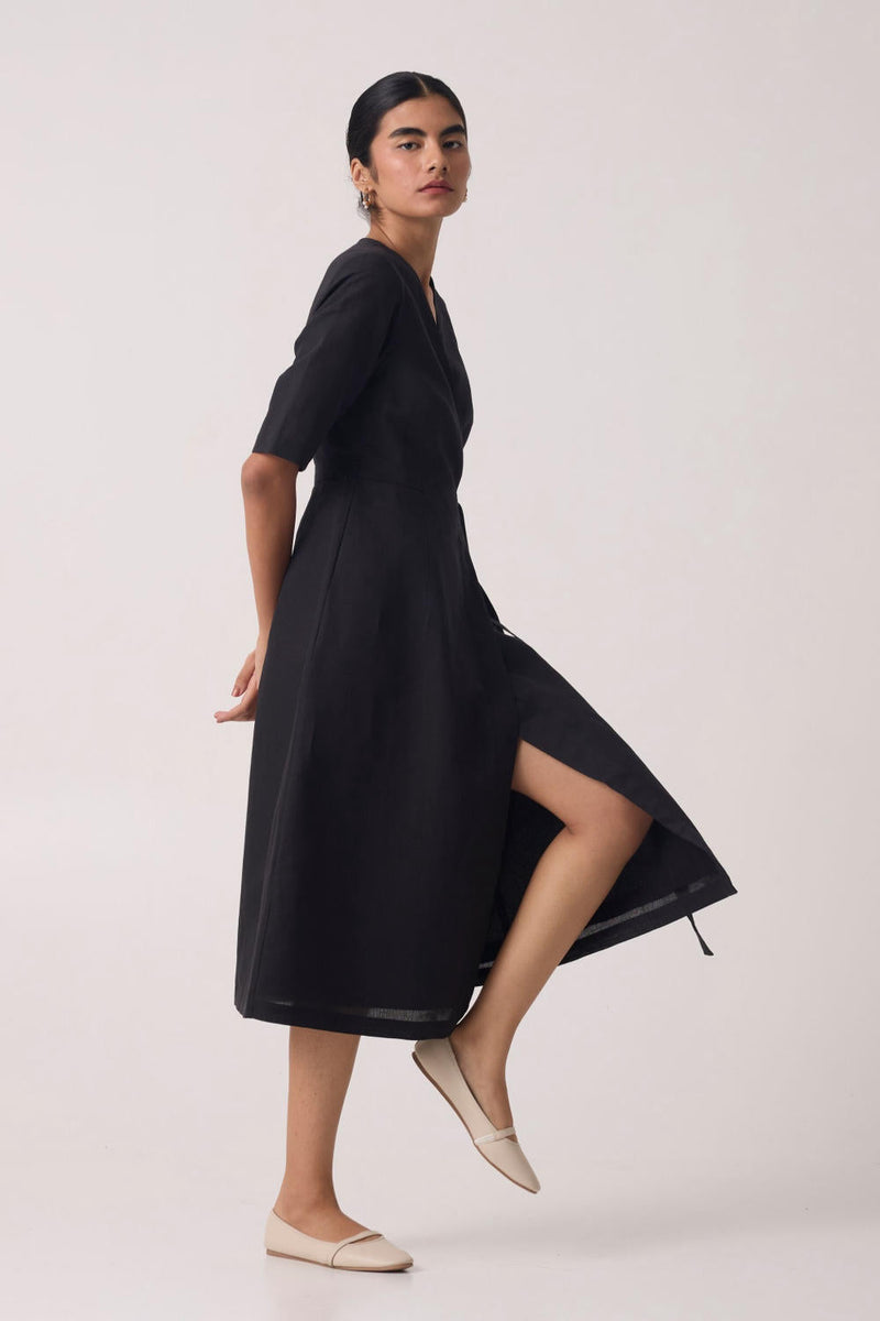 Arandi Black Wrap Dress with Sleeves cotton by The Summer House in black color for women in Worldwide
