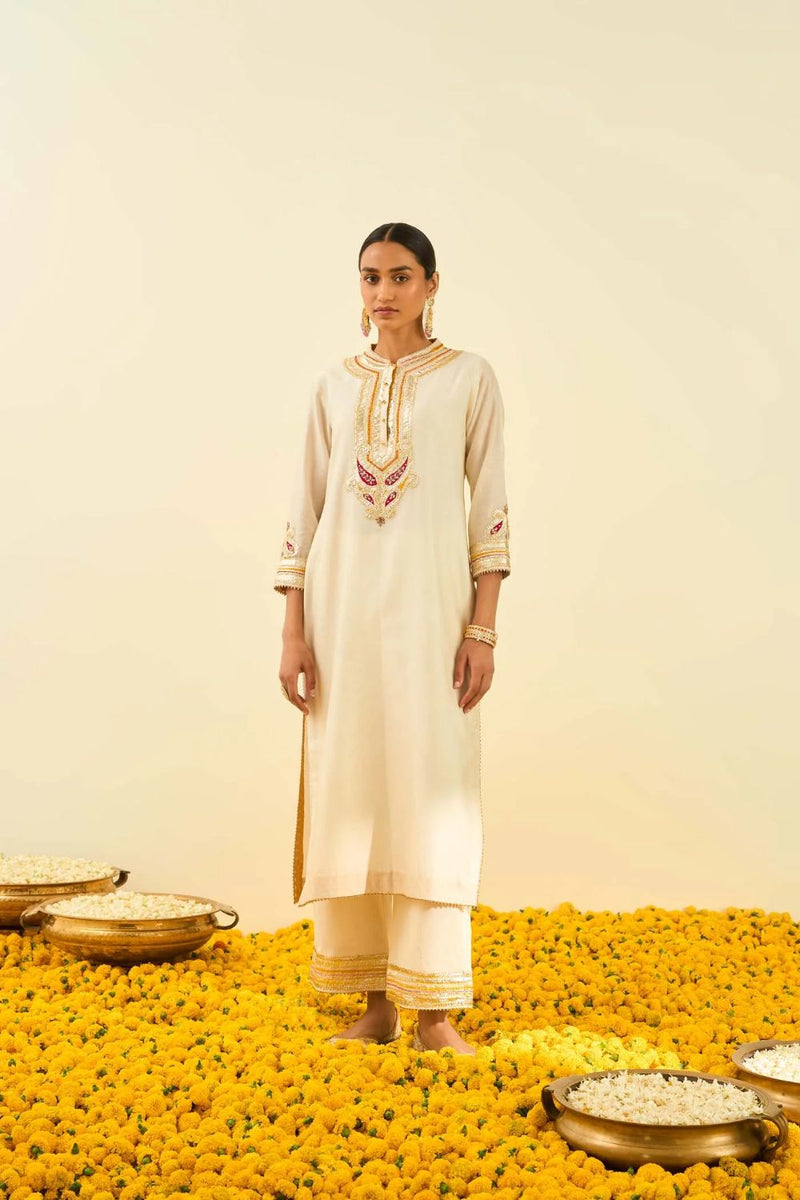 Arisah Kurta with palazzo-Daisy Ivory silk by SHEETAL BATRA in ivory color for women Worldwide