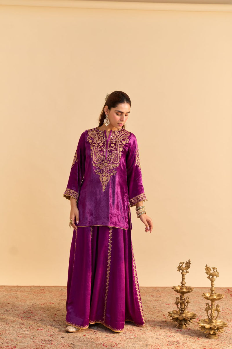 Aroob - Deep Purple Kurta with Sharara and Dupatta silk by SHEETAL BATRA in purple color for women Worldwide