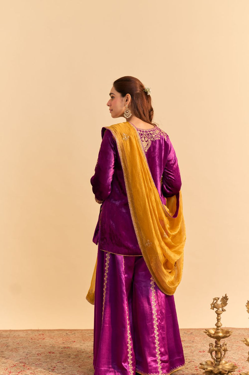 Aroob - Deep Purple Kurta with Sharara and Dupatta silk by SHEETAL BATRA in purple color for women Worldwide