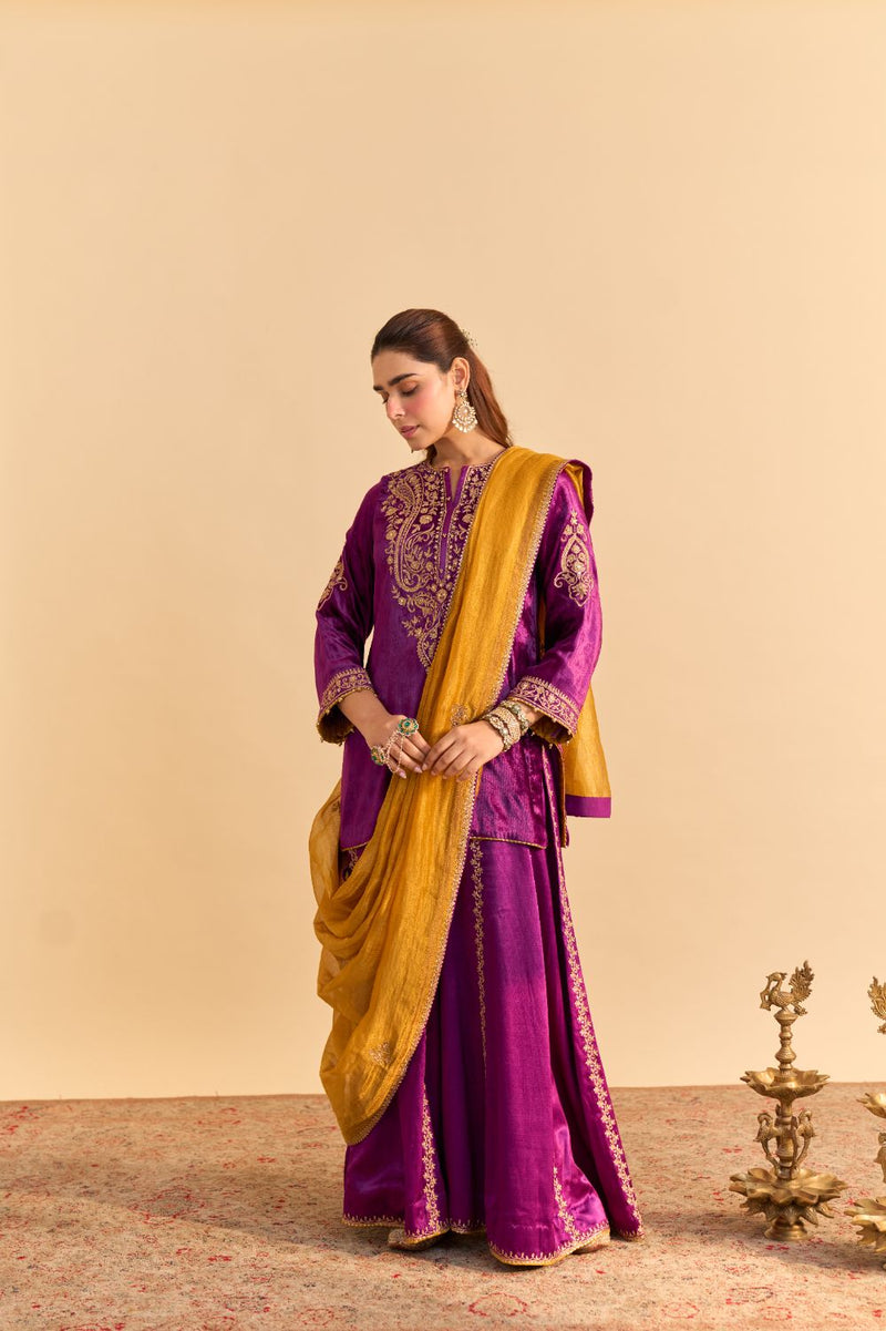 Aroob - Deep Purple Kurta with Sharara and Dupatta silk by SHEETAL BATRA in purple color for women Worldwide