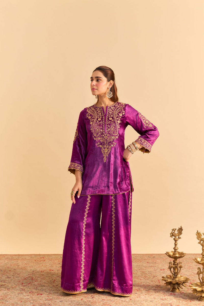 Aroob - Deep Purple Kurta with Sharara and Dupatta silk by SHEETAL BATRA in purple color for women Worldwide