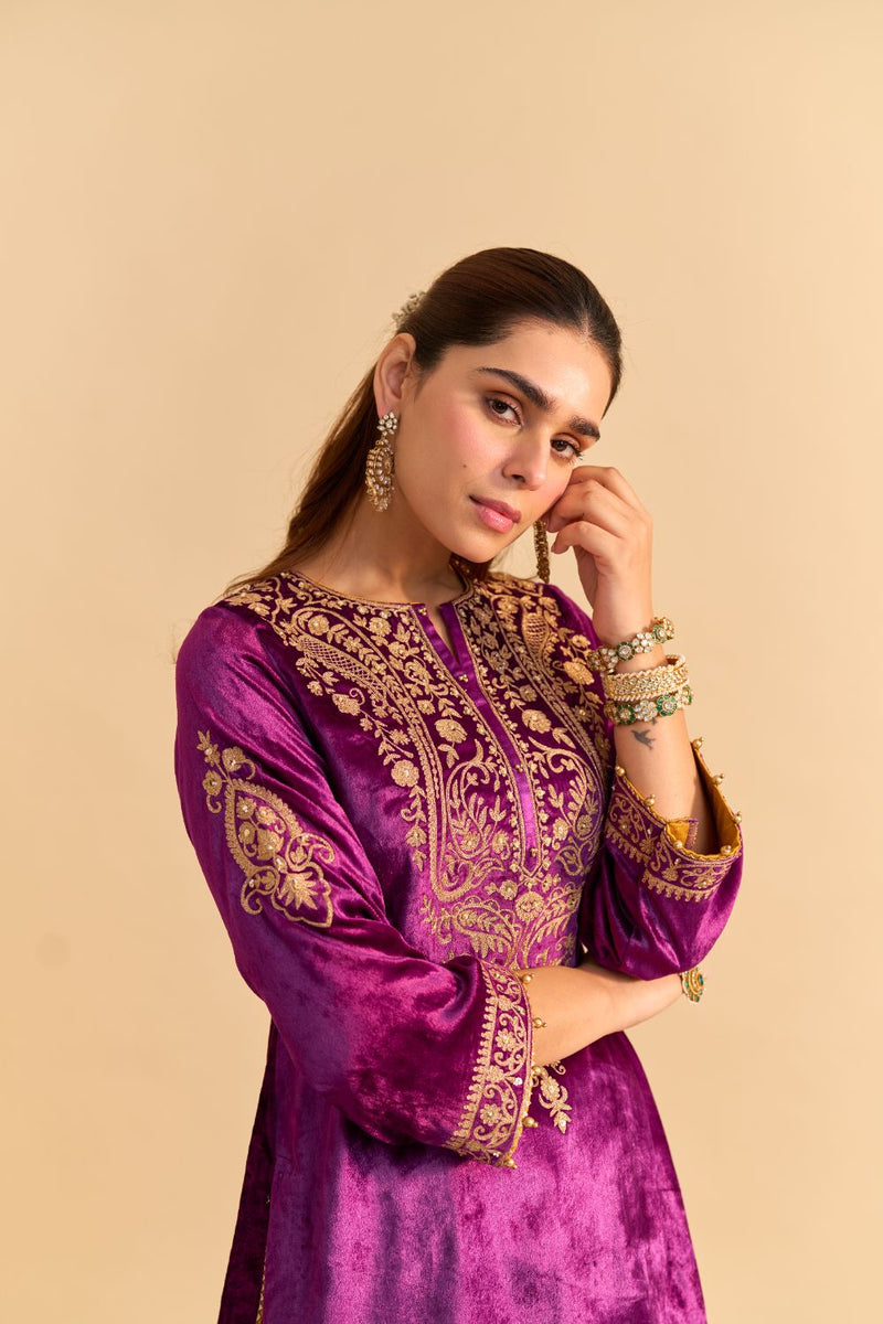 Aroob - Deep Purple Kurta with Sharara and Dupatta silk by SHEETAL BATRA in purple color for women Worldwide