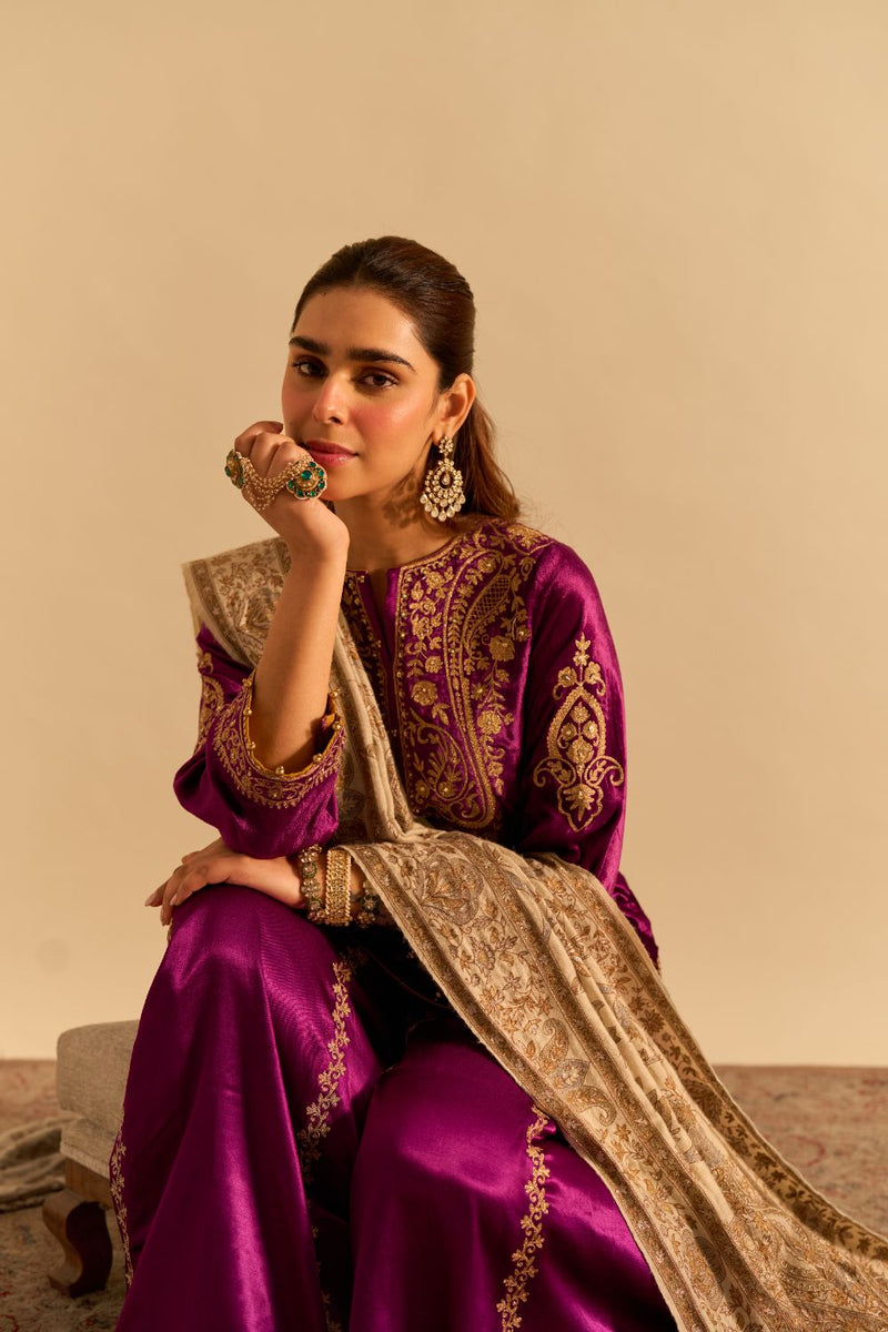 Aroob - Deep Purple Kurta with Sharara and Dupatta silk by SHEETAL BATRA in purple color for women Worldwide