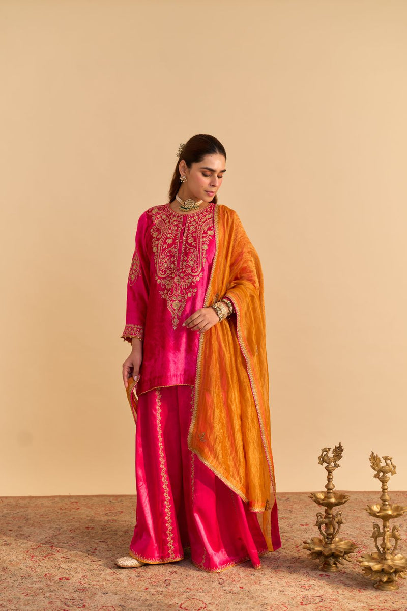 Aroob - Hotpink Kurta with Sharara and Dupatta silk by SHEETAL BATRA in pink color for women Worldwide