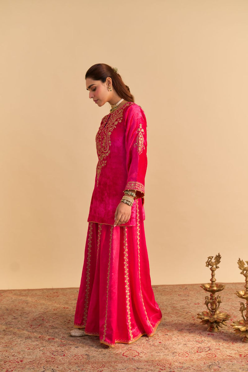 Aroob - Hotpink Kurta with Sharara and Dupatta silk by SHEETAL BATRA in pink color for women Worldwide