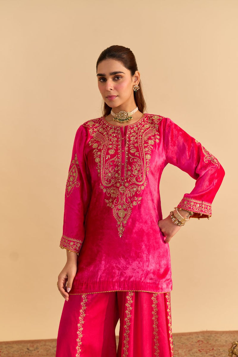 Aroob - Hotpink Kurta with Sharara and Dupatta silk by SHEETAL BATRA in pink color for women Worldwide
