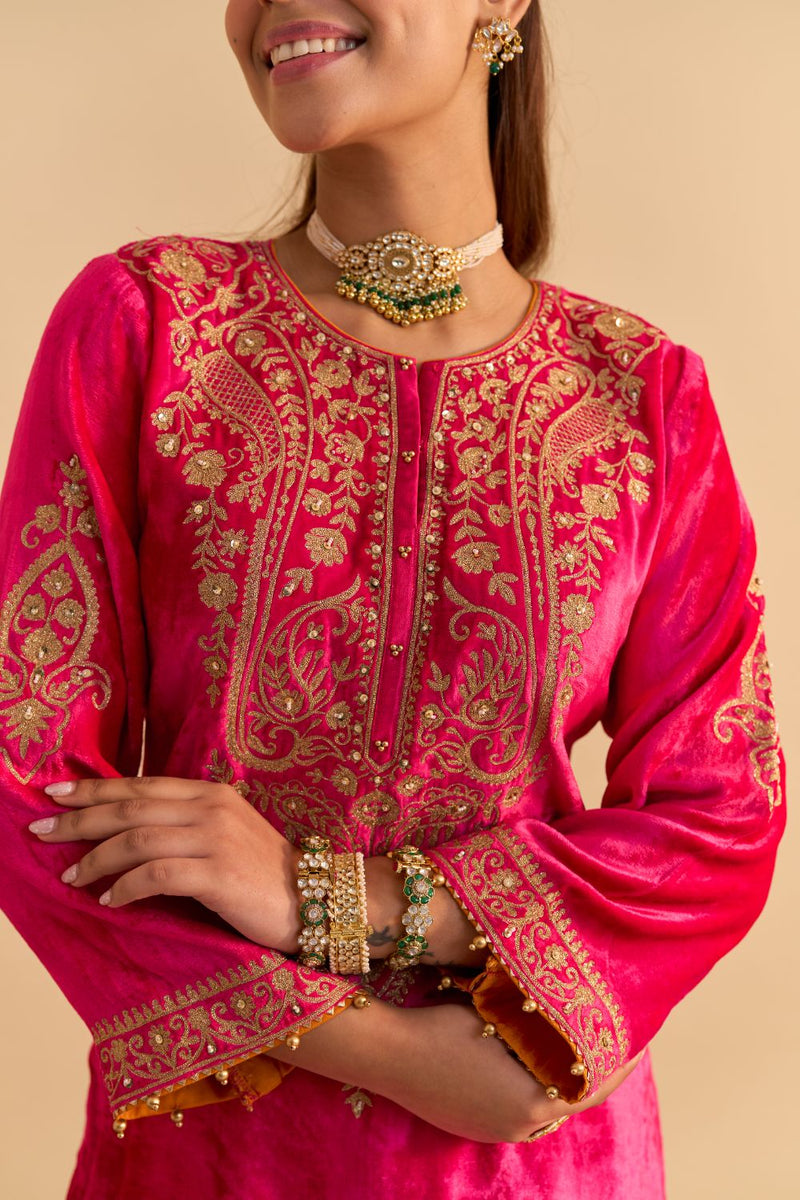 Aroob - Hotpink Kurta with Sharara and Dupatta silk by SHEETAL BATRA in pink color for women Worldwide
