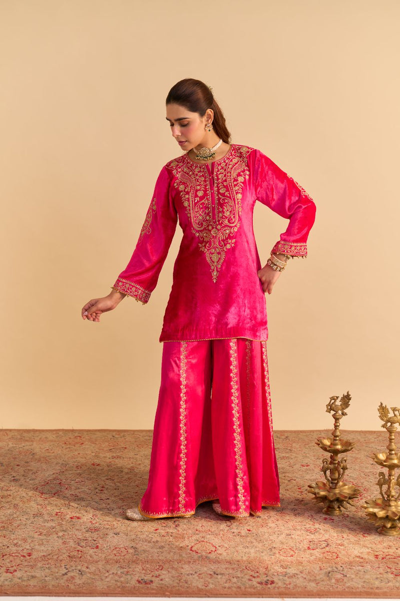 Aroob - Hotpink Kurta with Sharara and Dupatta silk by SHEETAL BATRA in pink color for women Worldwide