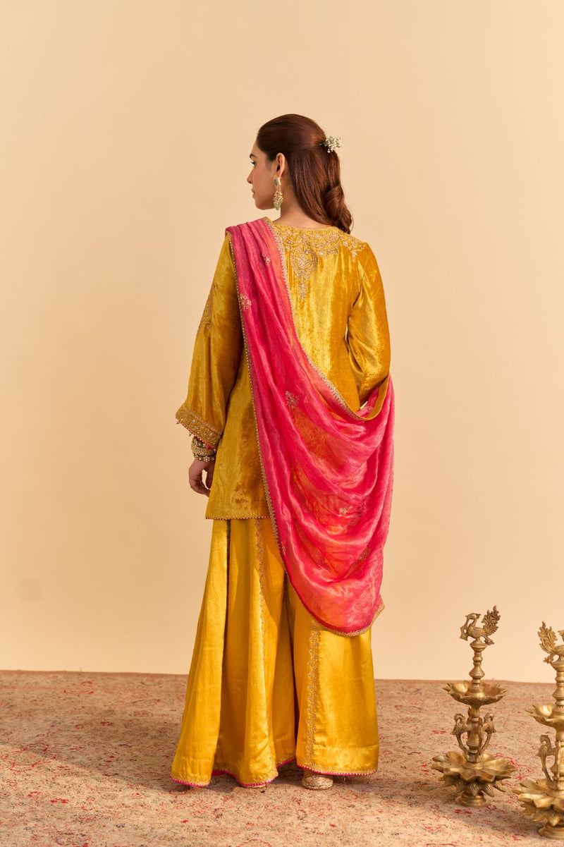 Aroob - Mustard Kurta with Sharara and Dupatta silk by SHEETAL BATRA in mustard color for women Worldwide