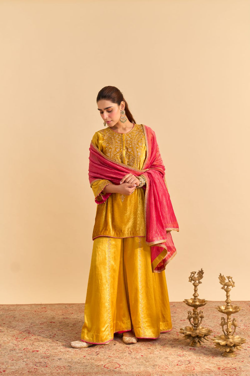 Aroob - Mustard Kurta with Sharara and Dupatta silk by SHEETAL BATRA in mustard color for women Worldwide