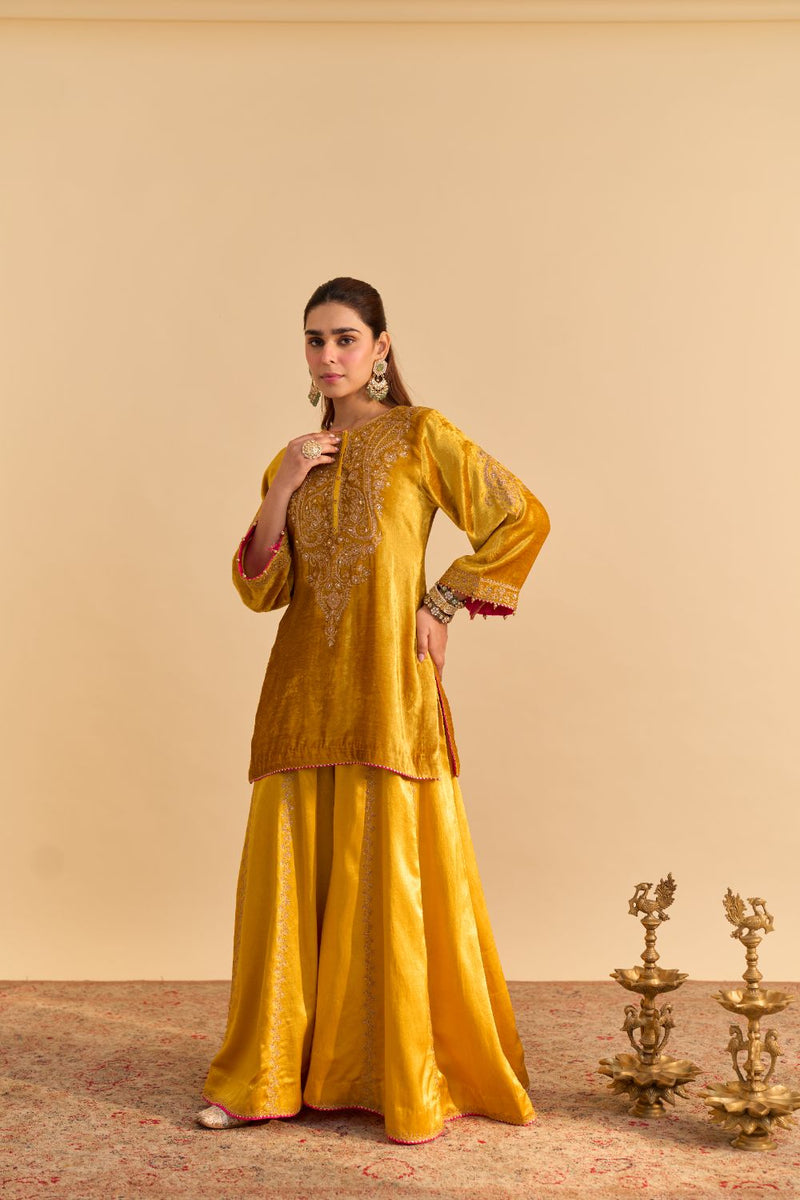Aroob - Mustard Kurta with Sharara and Dupatta silk by SHEETAL BATRA in mustard color for women Worldwide