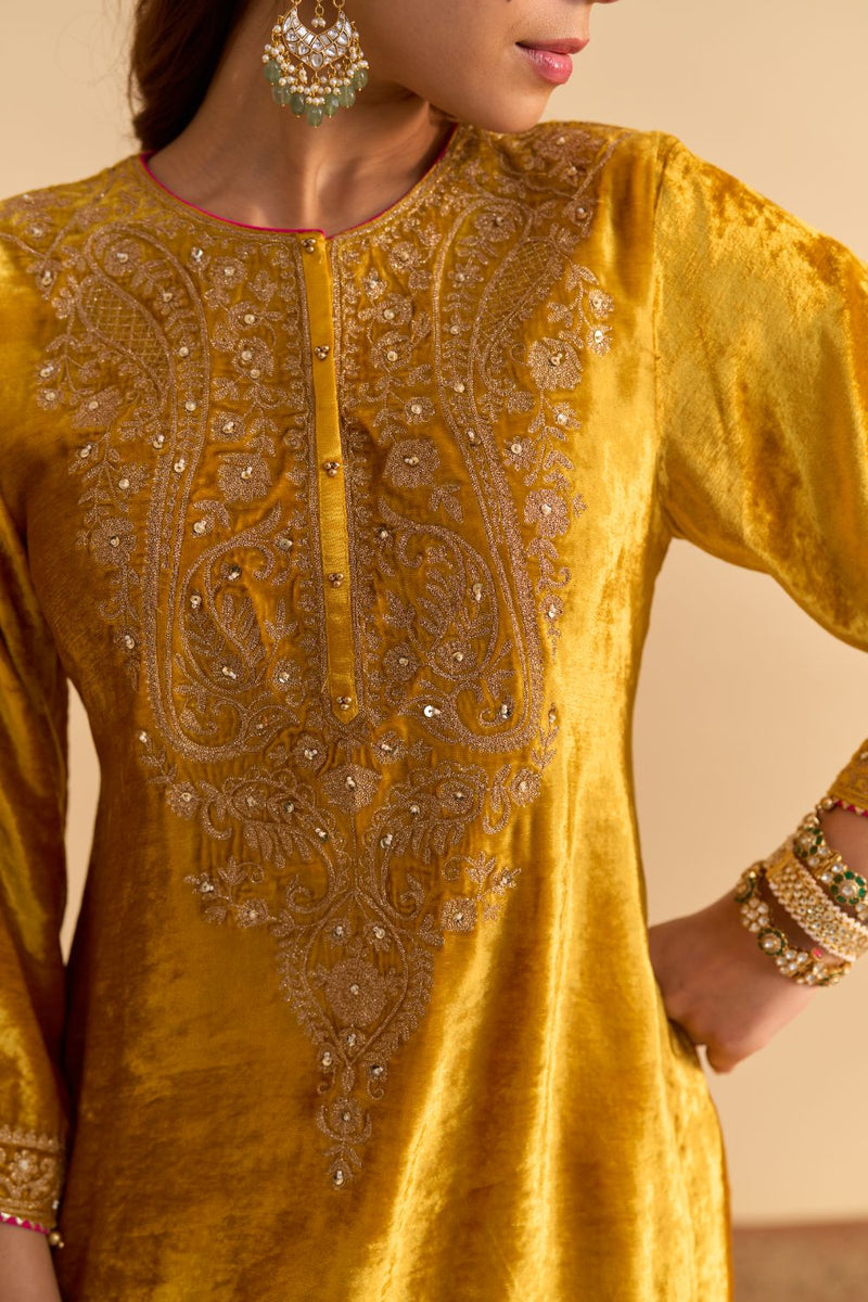 Aroob - Mustard Kurta with Sharara and Dupatta silk by SHEETAL BATRA in mustard color for women Worldwide