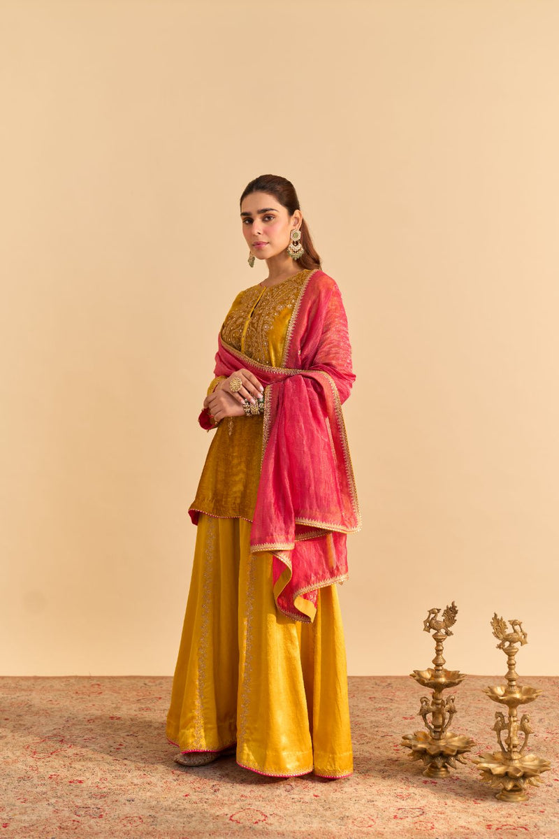 Aroob - Mustard Kurta with Sharara and Dupatta silk by SHEETAL BATRA in mustard color for women Worldwide