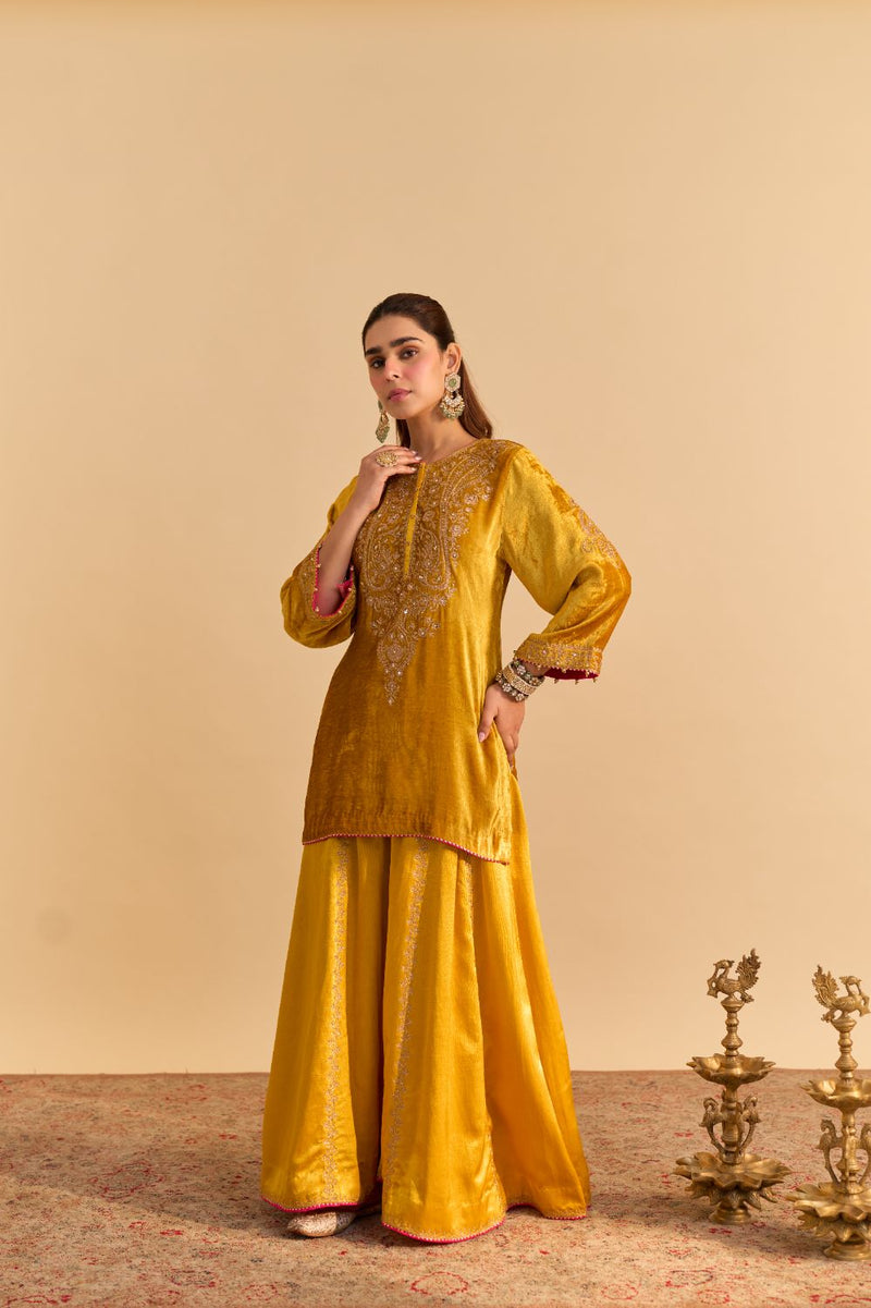 Aroob - Mustard Kurta with Sharara and Dupatta silk by SHEETAL BATRA in mustard color for women Worldwide