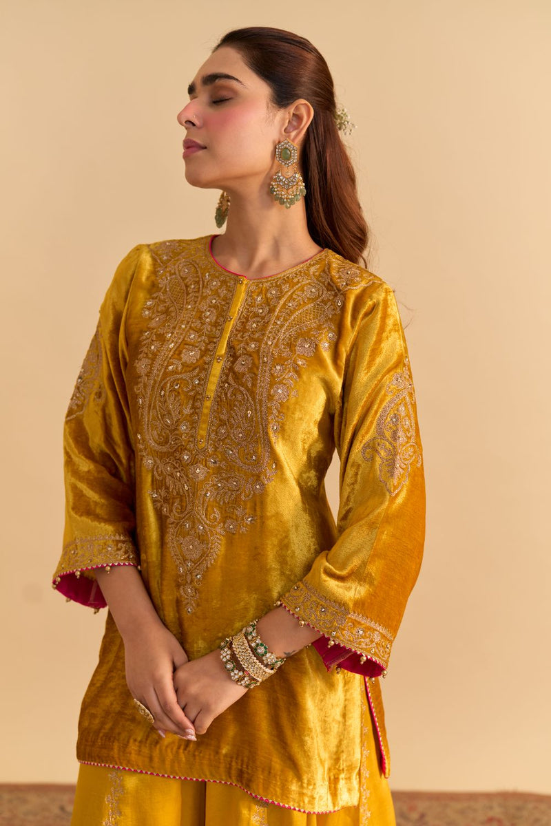Aroob - Mustard Kurta with Sharara and Dupatta silk by SHEETAL BATRA in mustard color for women Worldwide