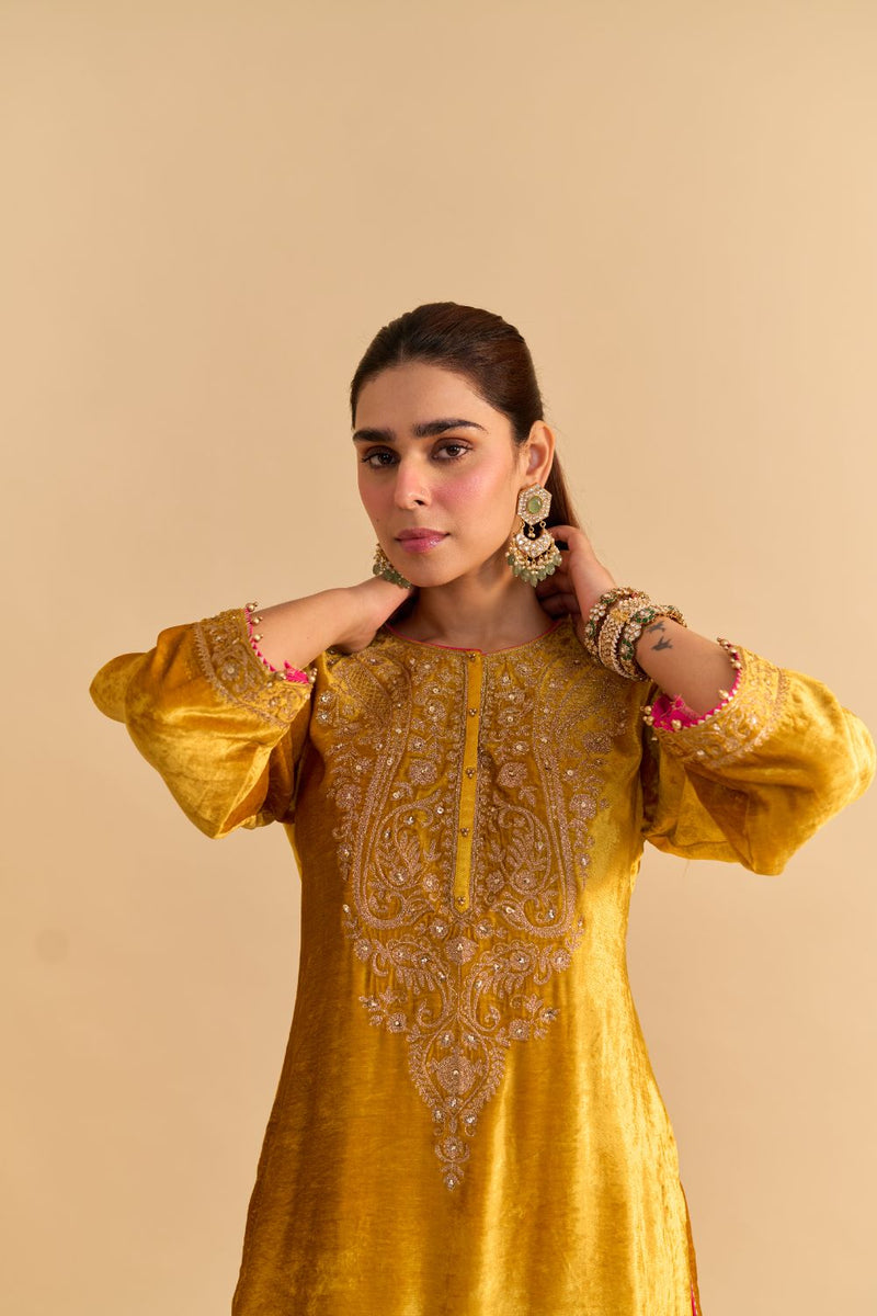 Aroob - Mustard Kurta with Sharara and Dupatta silk by SHEETAL BATRA in mustard color for women Worldwide