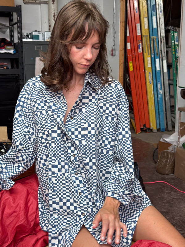 Artist Shirt–Indigo Checkerboard hand block printed cotton top/shirt by World of Crow in indigo blue for women Worldwide