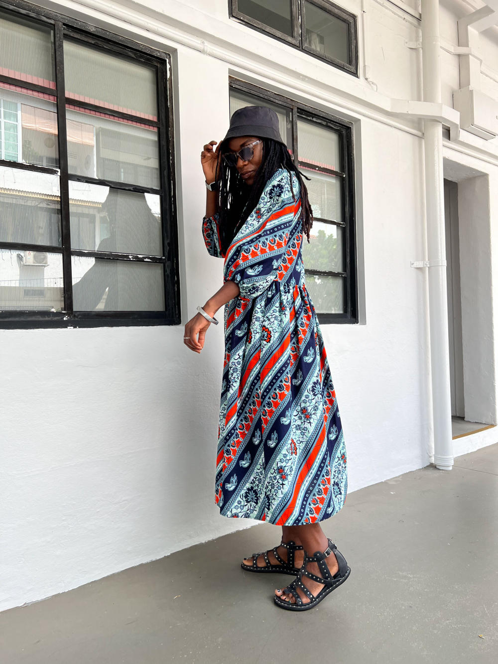 Asali Maxi Smock Dress - Blue and Orange African Ankara Wax Cotton Print