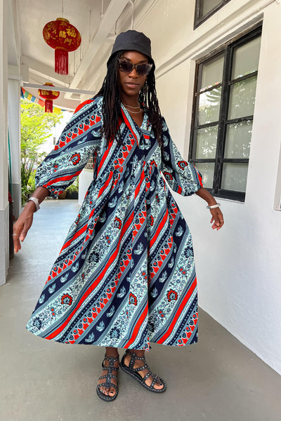 Asali Maxi Smock Dress - Blue and Orange African Ankara Wax Cotton Print