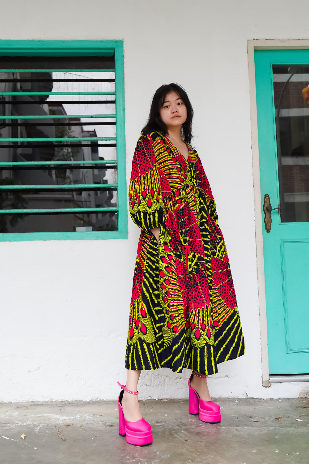 Asali Maxi Smock Dress - Pink Blue Yellow Peacock African Ankara Wax Cotton Print