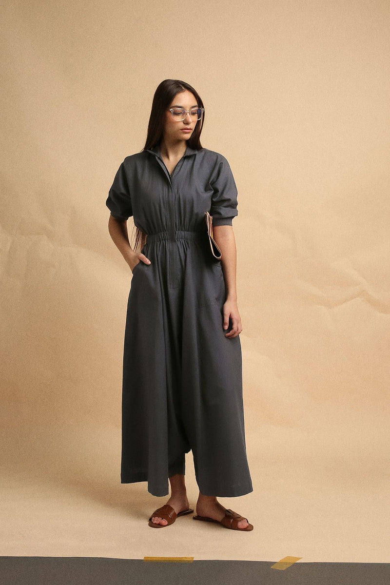 Ash Gray Collar Sphara Jumpsuit 100% cotton by Mati in grey color for women Worldwide