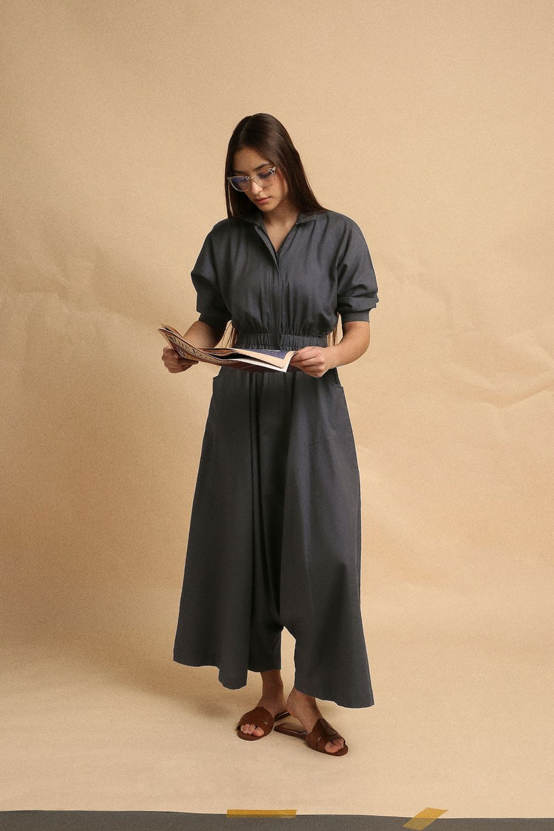 Ash Gray Collar Sphara Jumpsuit 100% cotton by Mati in grey color for women Worldwide