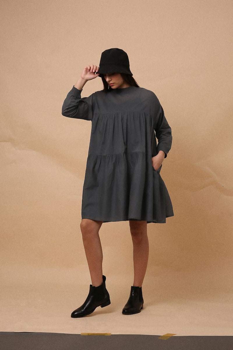 Ash Gray Mul Rib Vena Dress 100% cotton by Mati in grey color for women Worldwide