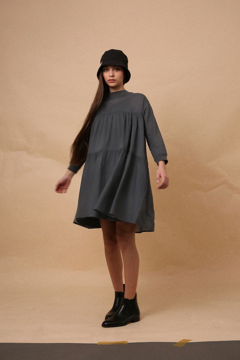 Ash Gray Mul Rib Vena Dress 100% cotton by Mati in grey color for women Worldwide
