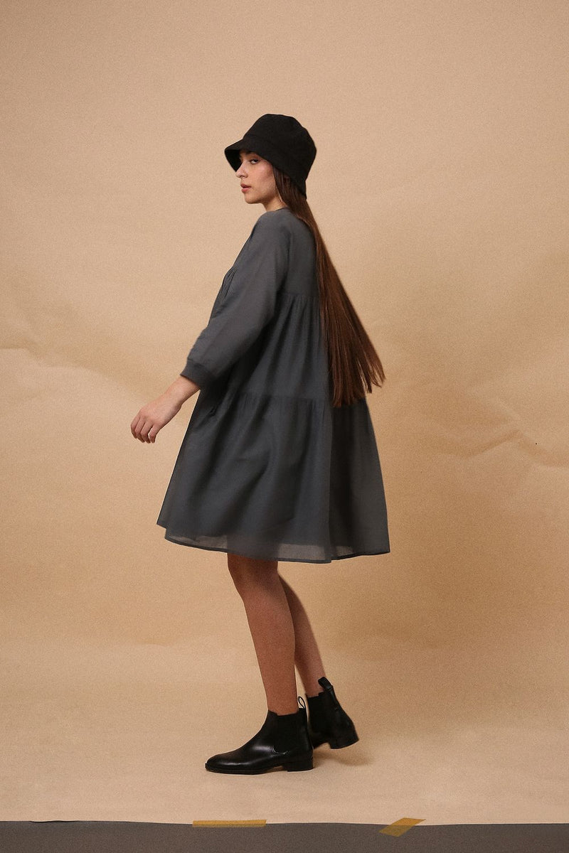 Ash Gray Mul Rib Vena Dress 100% cotton by Mati in grey color for women Worldwide