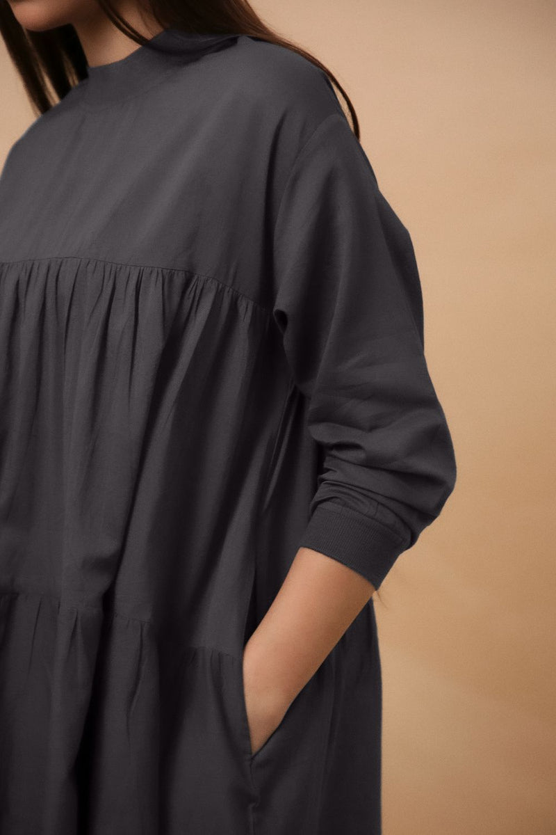 Ash Gray Mul Rib Vena Dress 100% cotton by Mati in grey color for women Worldwide