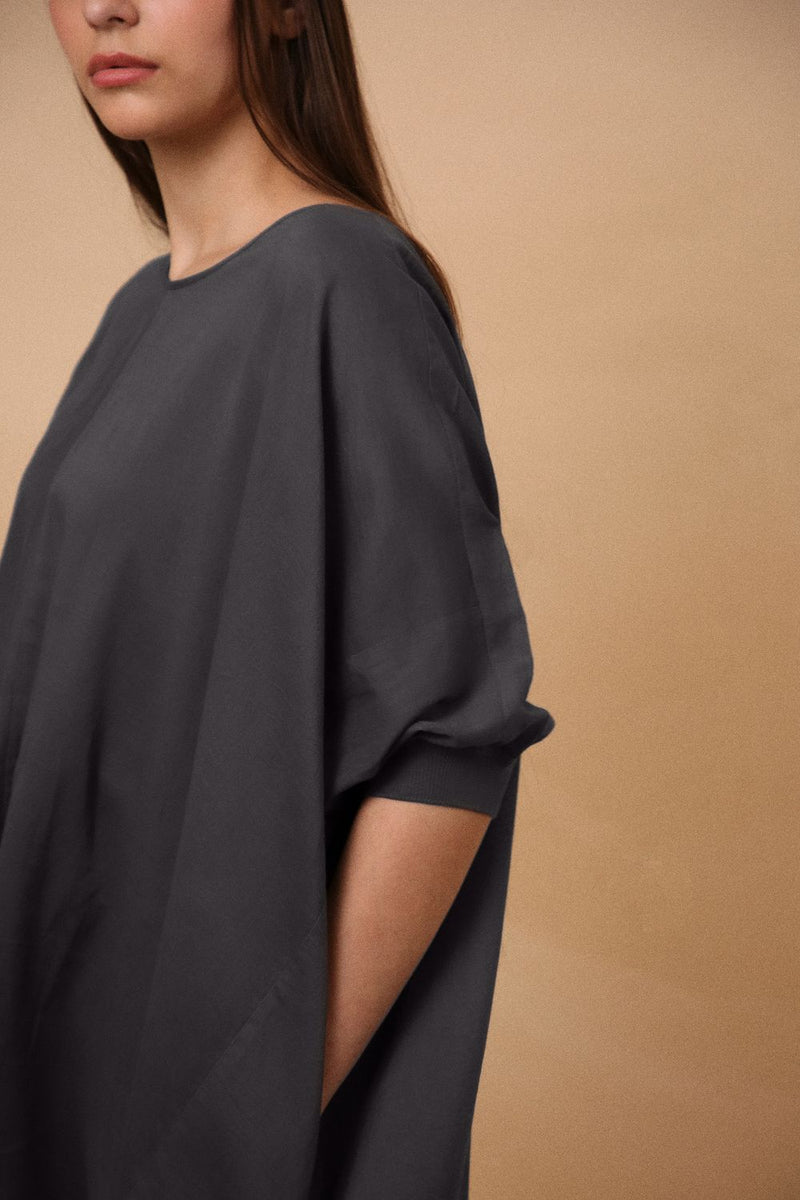 Ash Gray Rib Mul Cowl Tunic Co-Ord Set (2 PCS) 100% cotton by Mati in grey color for women Worldwide