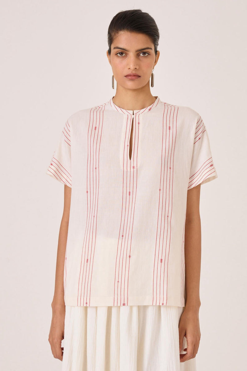 Asheni Red Striped Handwoven Top cotton by The Summer House in white color for women Worldwide