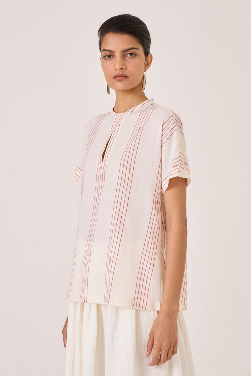 Asheni Red Striped Handwoven Top cotton by The Summer House in white color for women Worldwide