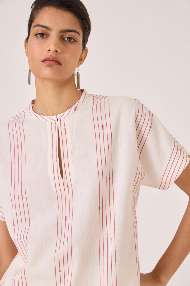 Asheni Red Striped Handwoven Top cotton by The Summer House in white color for women Worldwide