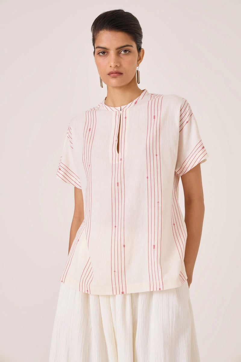 Asheni Red Striped Handwoven Top cotton by The Summer House in white color for women Worldwide