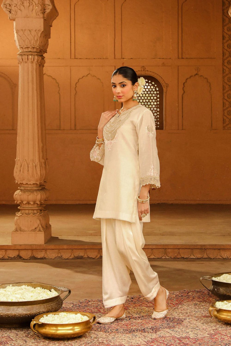 Ashira Short kurta with salwar-Daisy Ivory silk by SHEETAL BATRA in ivory color for women Worldwide