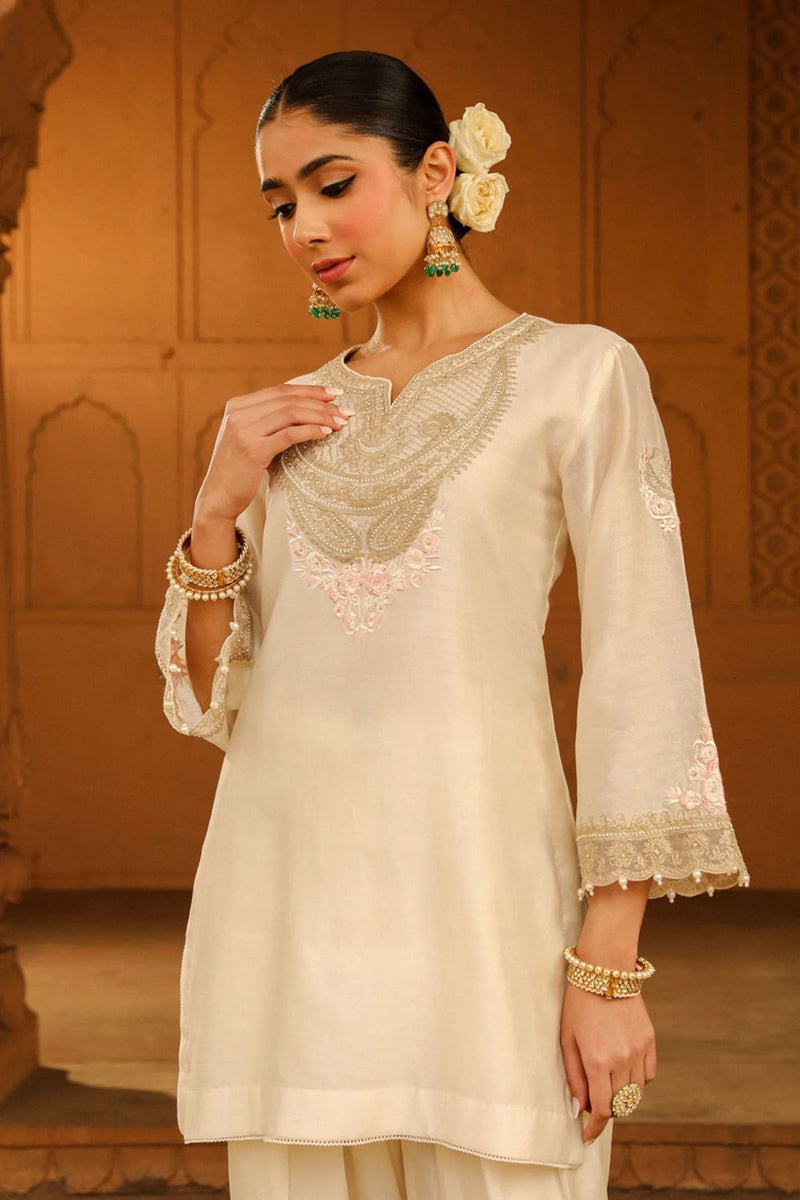 Ashira Short kurta with salwar-Daisy Ivory silk by SHEETAL BATRA in ivory color for women Worldwide