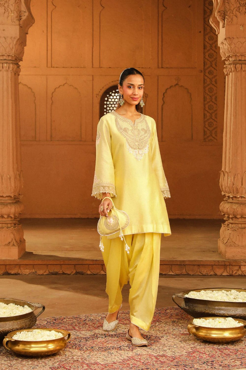 Ashira Short kurta with salwar-Lemon Yellow silk by SHEETAL BATRA in yellow color for women Worldwide