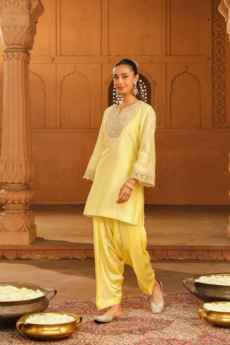 Ashira Short kurta with salwar-Lemon Yellow silk by SHEETAL BATRA in yellow color for women Worldwide