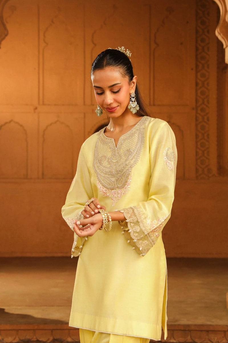 Ashira Short kurta with salwar-Lemon Yellow silk by SHEETAL BATRA in yellow color for women Worldwide