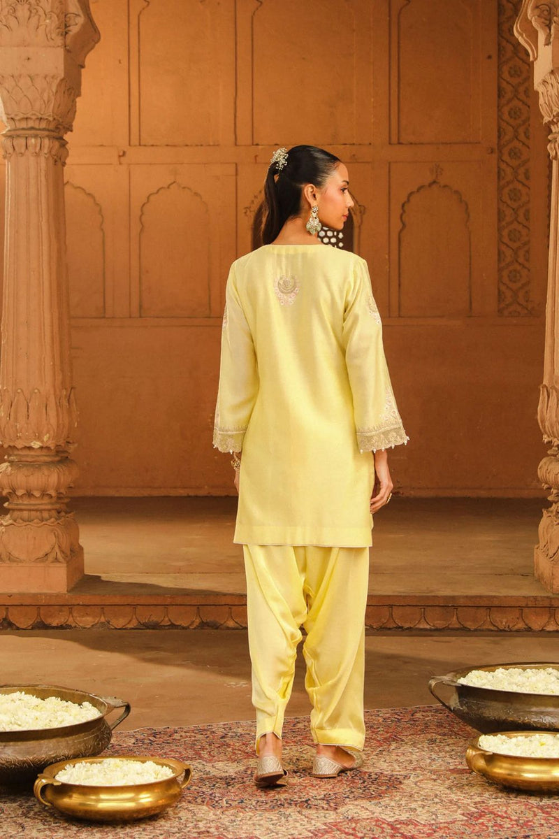 Ashira Short kurta with salwar-Lemon Yellow silk by SHEETAL BATRA in yellow color for women Worldwide