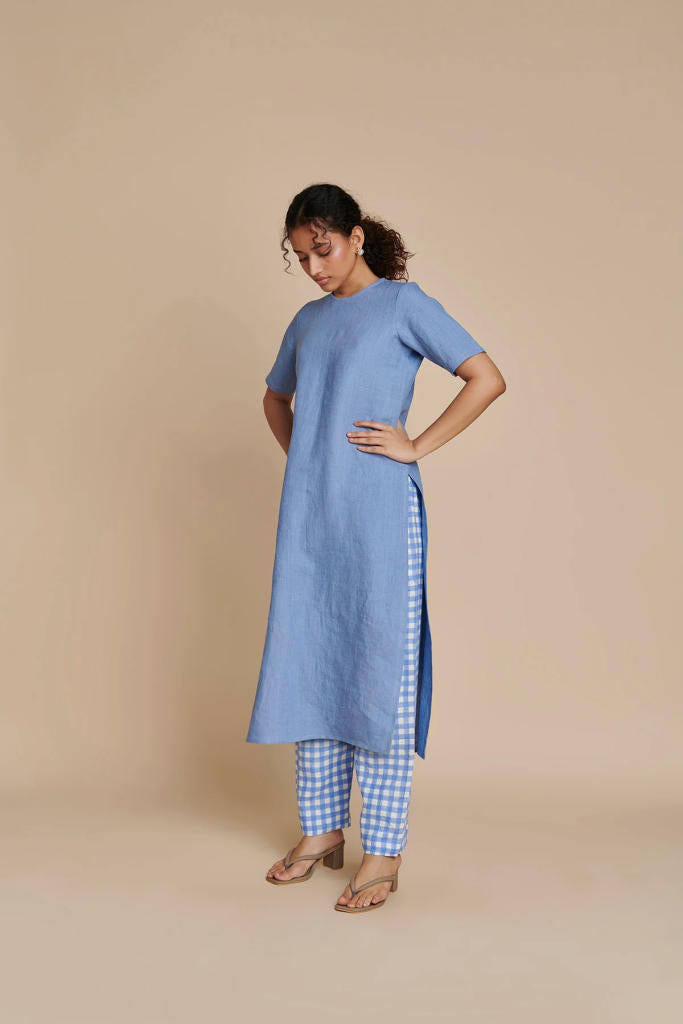 Ashwem Linen Half Sleeves Kurta linen by Saphed in blue color for women Worldwide