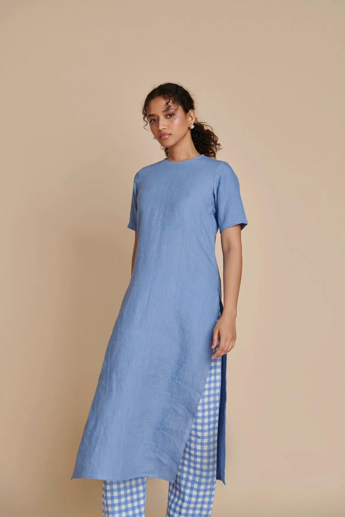 Ashwem Linen Half Sleeves Kurta linen by Saphed in blue color for women Worldwide