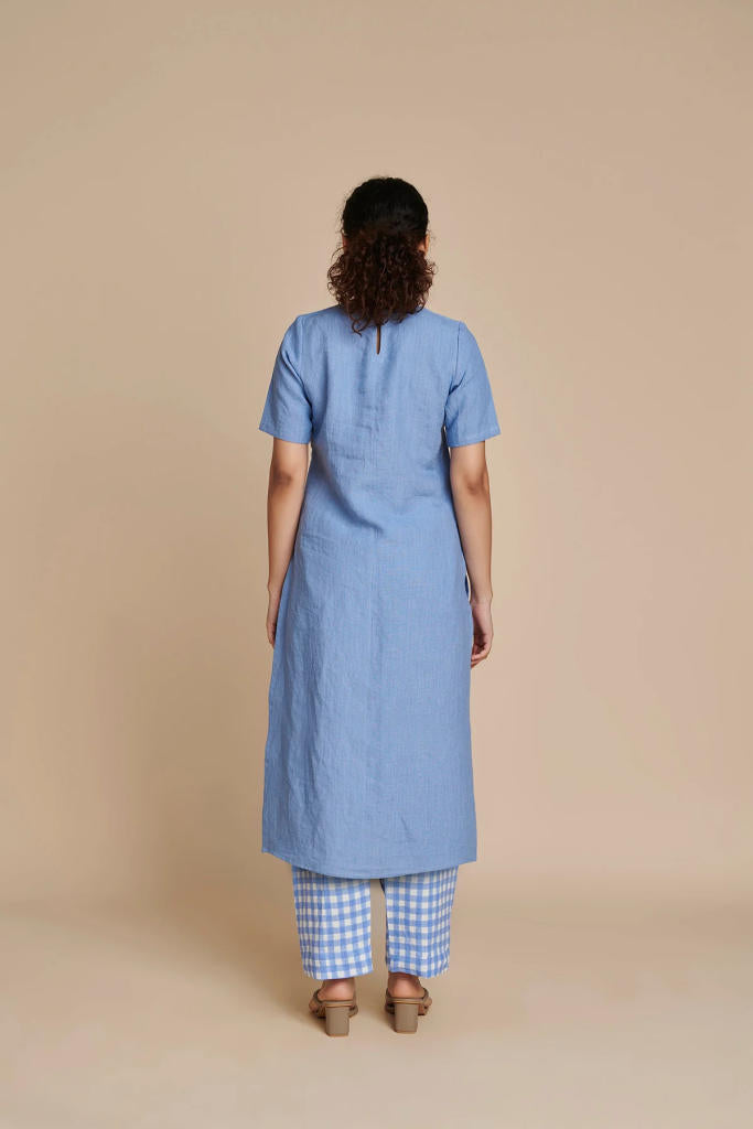 Ashwem Linen Half Sleeves Kurta Set linen by Saphed in blue color for women Worldwide