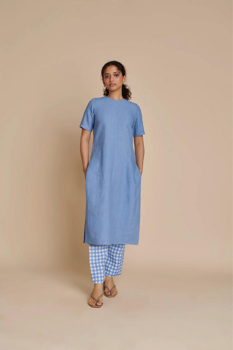 Ashwem Linen Half Sleeves Kurta Set linen by Saphed in blue color for women Worldwide