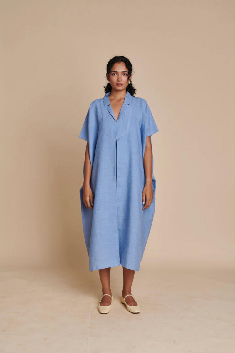 Ashwem Linen Kaftan Dress linen by Saphed in blue color for women Worldwide