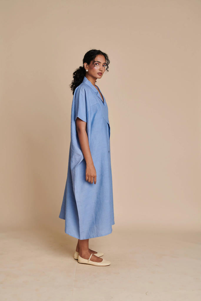 Ashwem Linen Kaftan Dress linen by Saphed in blue color for women Worldwide