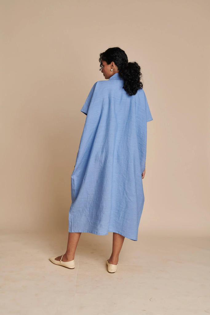 Ashwem Linen Kaftan Dress linen by Saphed in blue color for women Worldwide