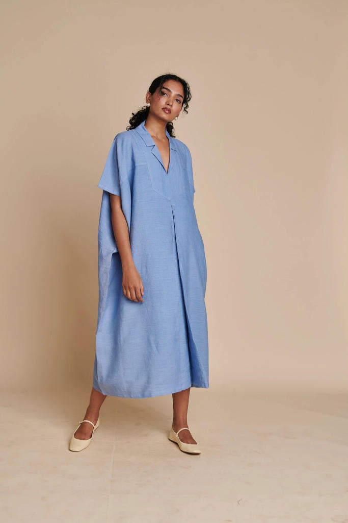 Ashwem Linen Kaftan Dress linen by Saphed in blue color for women Worldwide
